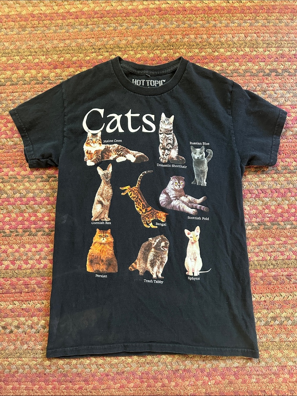 Hot Topic Black Cats Graphic Tee with Multicolor Breed Illustrations